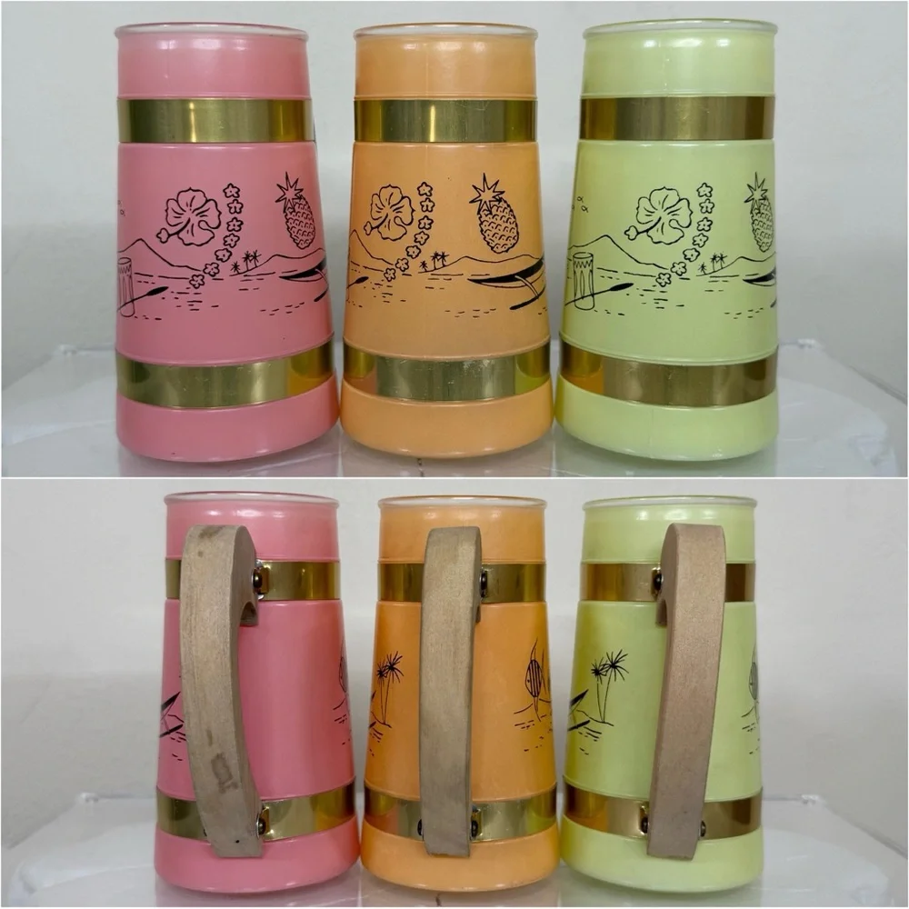 Vintage Siesta Ware Set of 6 Hawaiian Tiki Mugs & Wood Outrigger Canoe Carrier